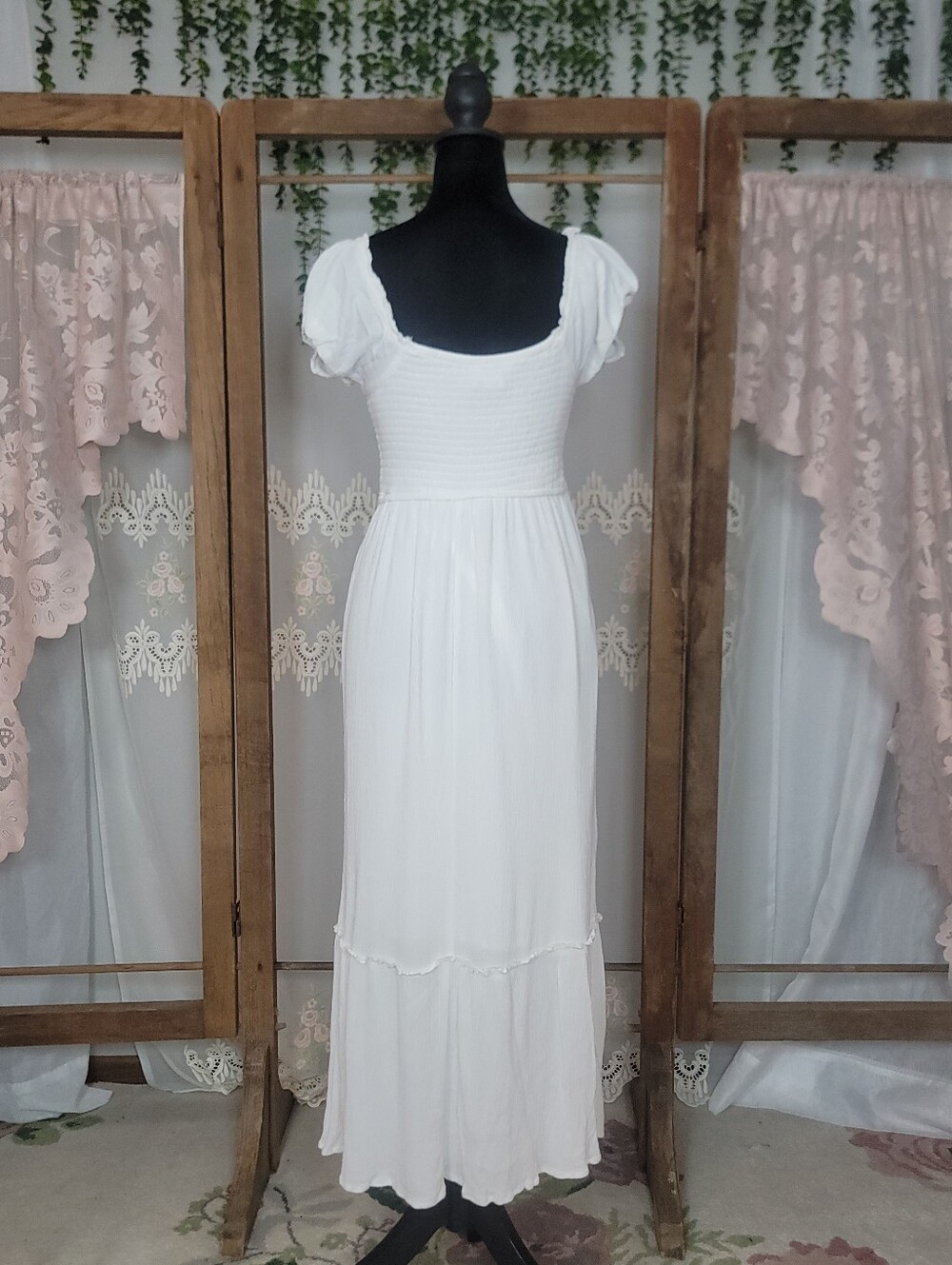 White Smocked Midi Dress with Puff Sleeves | Cottagecore Boho Indie Festival - Picture 6 of 11